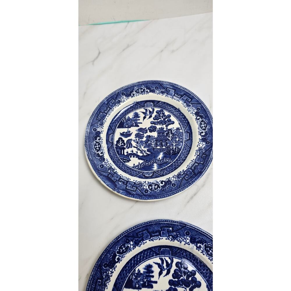 Antique Willow WARE England Blue set of 2 plates flaws see photos - Picture 7 of 11